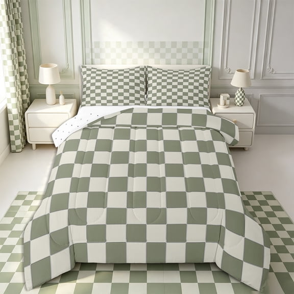 Erosebridal Plaid Comforter Set Twin Beige Sage Green Checkerboard Quilt Set Geometric Checkered Bedding Set,Aesthetic Grid Duvet Set Modern Room Decor 2 Pcs