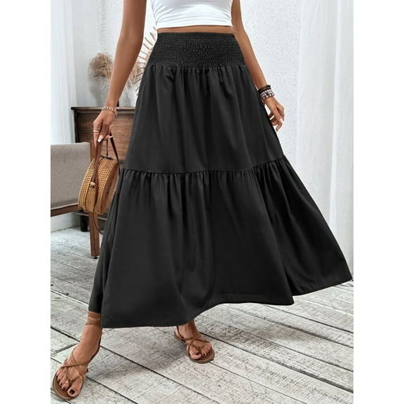 BOMYJESK Boho Skirts for Women Summer Maxi Skirts Swing Pleated A-Line Skirt High Waisted Elastic Boho Beach Vacation Clothes with Pockets Black M