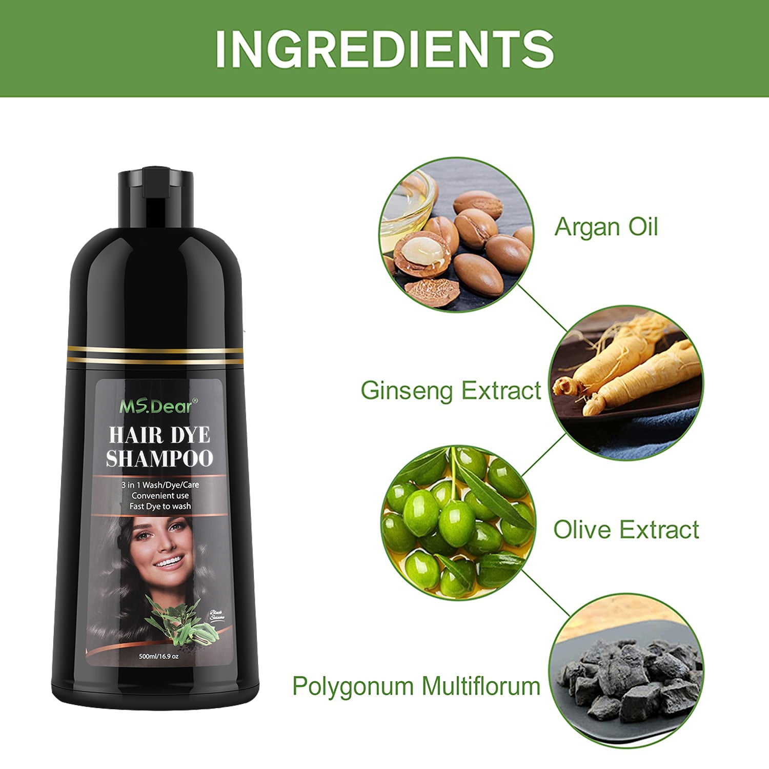 Instant Hair Color Shampoo for Gray Hair,3 in 1 Black Hair Dye Shampoo,Herbal Coloring in Minutes for Women & Men,16.9 fl.oz