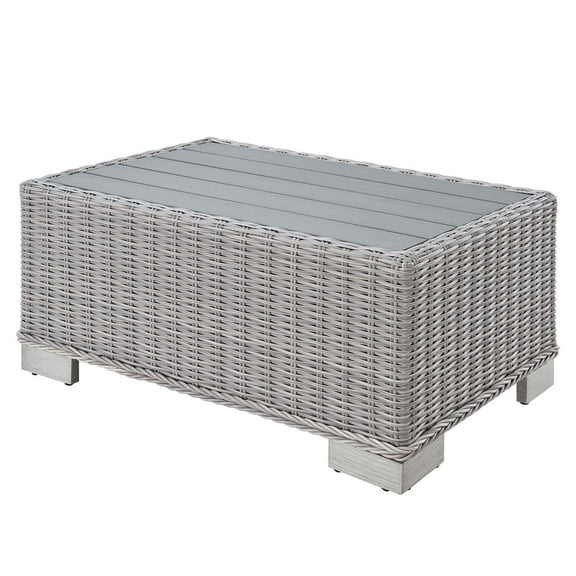 Lounge Coffee Table, Rectangular, Rattan, Wicker, Light Grey Gray, Modern Contemporary Urban Design, Outdoor Patio Balcony Cafe Bistro Garden Furniture Hotel Hospitality