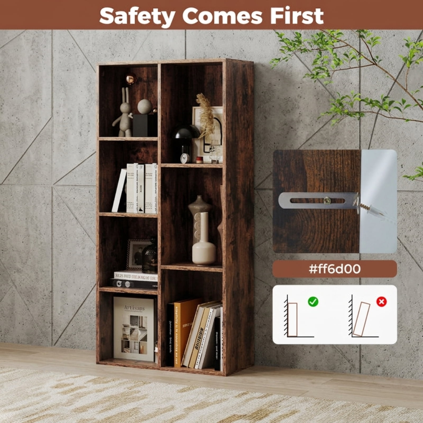 Furnibear Vertical or Horizontal Freestanding Bookshelf with 7 Compartments and Anti-Tipping Kits for Living Room Study, Rustic Brown