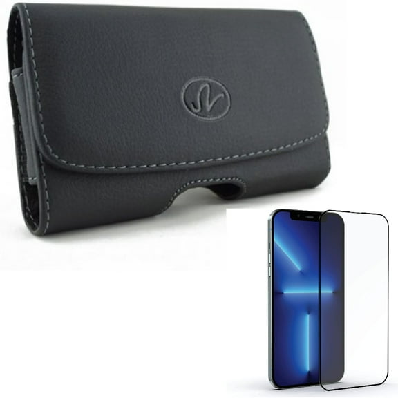 Case Belt Clip & Screen Protector for iPhone 13 Pro Max - Combo with Leather Swivel Holster Loops & Anti-Glare Tempered Glass Matte 3D