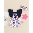 thumbnail image 4 of Aojekbee 4th of July Baby Girls Rompers Heart Stripe Stars Print Bowknot Fly Sleeve Infant Bodysuits Summer Jumpsuits with Headband, 4 of 10