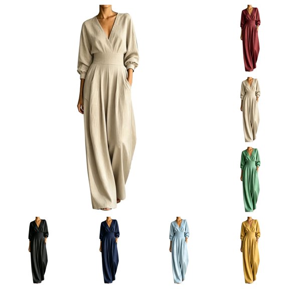 SAWOBUUN Women V Neck 3/4 Puff Sleeve Wide Leg Jumpsuit High Waist Pleated Loose Long Pants Jumpsuit with Pockets