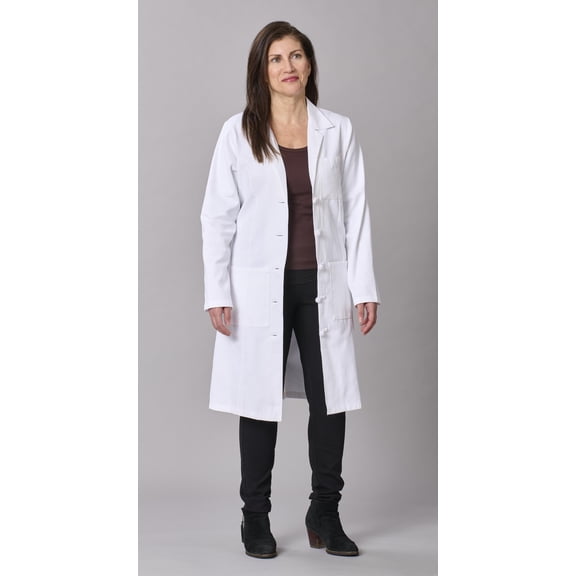 Medline Refine Full Length Lab Coat with Knot Button, White, Women's, 100% Twill Cotton, M