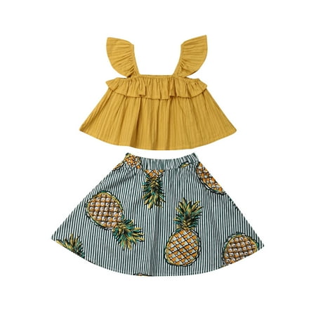 

Canrulo Toddler Baby Girls Summer Clothes Ruffle Sleeveless Strap Crop Top Pineapple Striped Skirt 2Pcs Outfits Yellow 2-3 Years