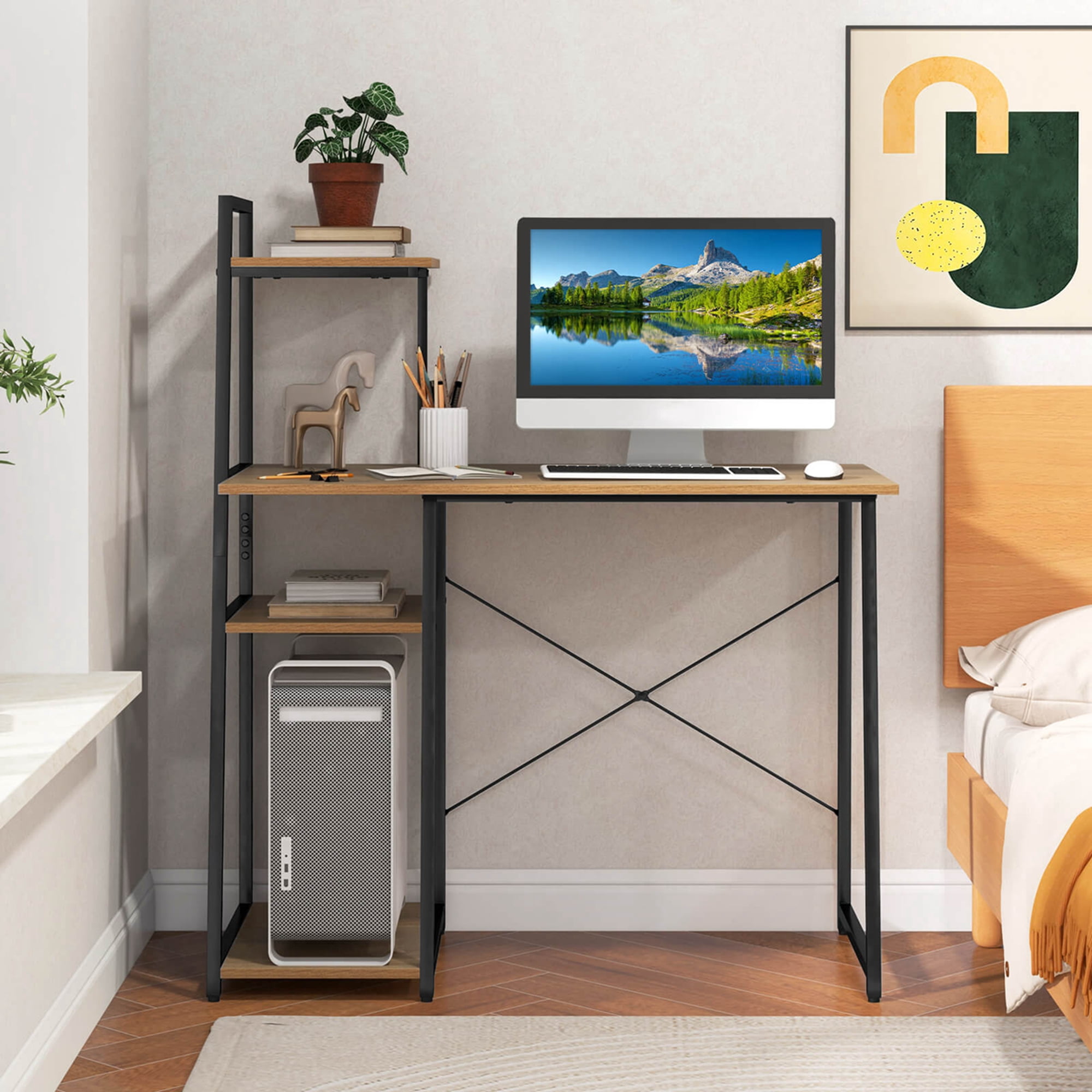 Costway Computer Desk with Shelves Study Writing Desk Workstation with Bookshelf Natural