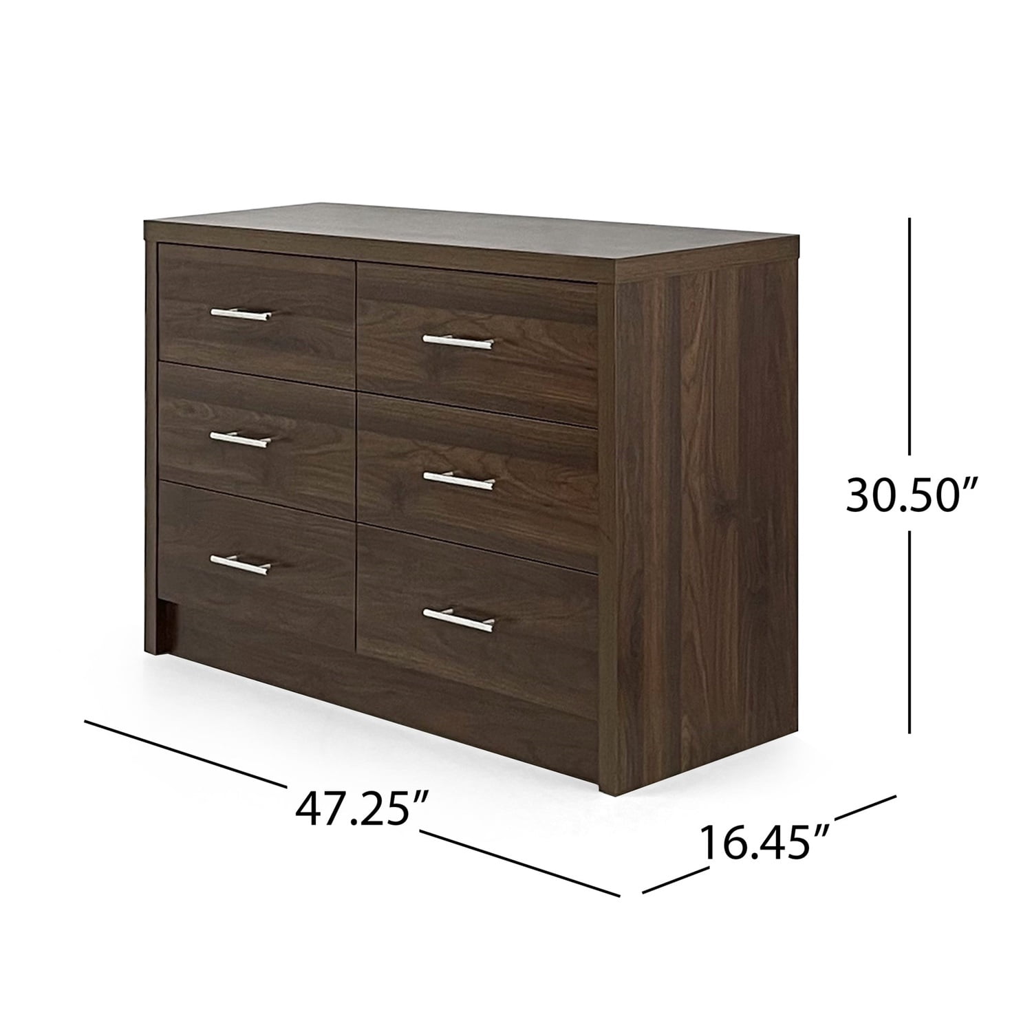 Kadyn MDF Drawer Chest, 6 Drawer Double Dresser for Living Room, Modern Drawer Dresser with 6 Drawers, Walnut