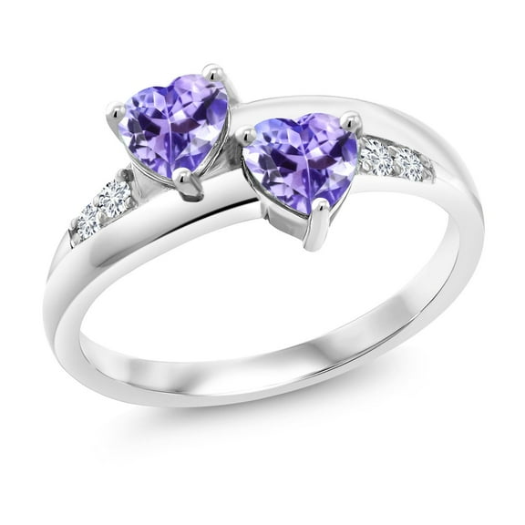 Gem Stone King 1.08 Cttw Blue Tanzanite and Accent Lab Grown Diamond 925 Sterling Silver 2 Heart Ring for Women | Gemstone Birthstone | 5MM Heart Shape (Size 5)