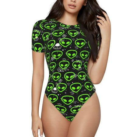 Goofa Monster Neon Head Printed Women Rash Guard Short Sleeve Tummy control Swimsuit Surfing Swimsuit Bathing Suit One Piece Swimsuit UPF 50-XX-Large