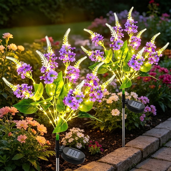 Rirool Solar Salvia Flower Lights Outdoor 2 Pack, Purple LED Garden Lights with 2 Lighting Modes, IP65 Waterproof Solar Garden Stake Lights Auto On/Off for Yard Patio Pathway Decoration