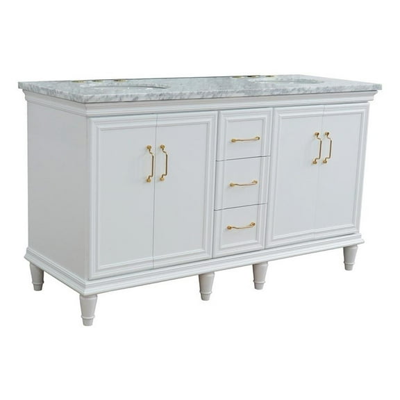 61 in. Double Wooden Vanity White White Carrara Marble Oval Sink