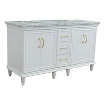61 in. Double Wooden Vanity White White Carrara Marble Oval Sink