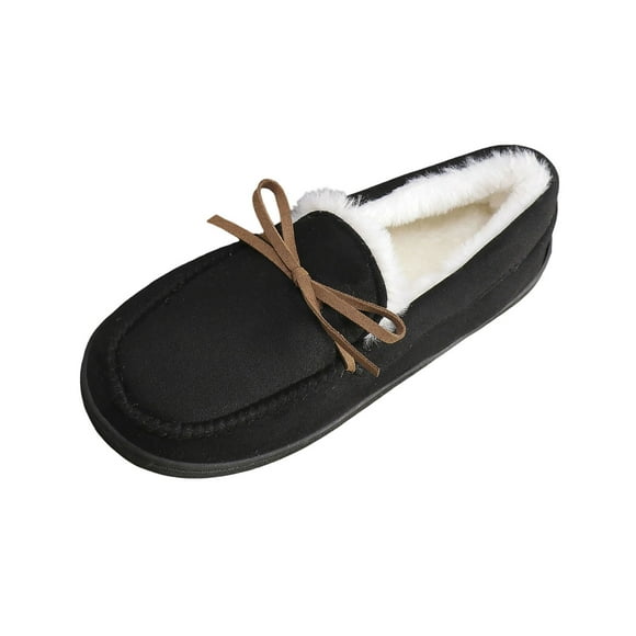 FRSASU Women's Moccasin Slippers Warm Lined Lace-Up Cozy Bow Indoor & Outdoor Loafers Shoes for Women Black