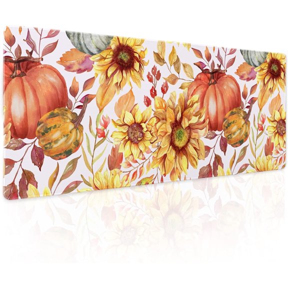 Fall Pumpkin Sunflowers Mouse Pad XL Watercolor Retro Autumn Leaves Floral Extended Desk Mat Non-Slip Rubber Base Stitched Edge Large XL Thanksgiving Mousepad for Desk Gaming Laptop,31.5×11.8 in