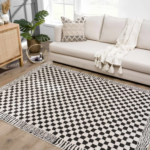 Hauteloom Leryn Contemporary Checkered Area Rug - Modern Geometric Bordered Carpet for Living Room, Bedroom - Checkboard Design - Square Tiles - High Pile - Black and White - Off White - 18" Sample