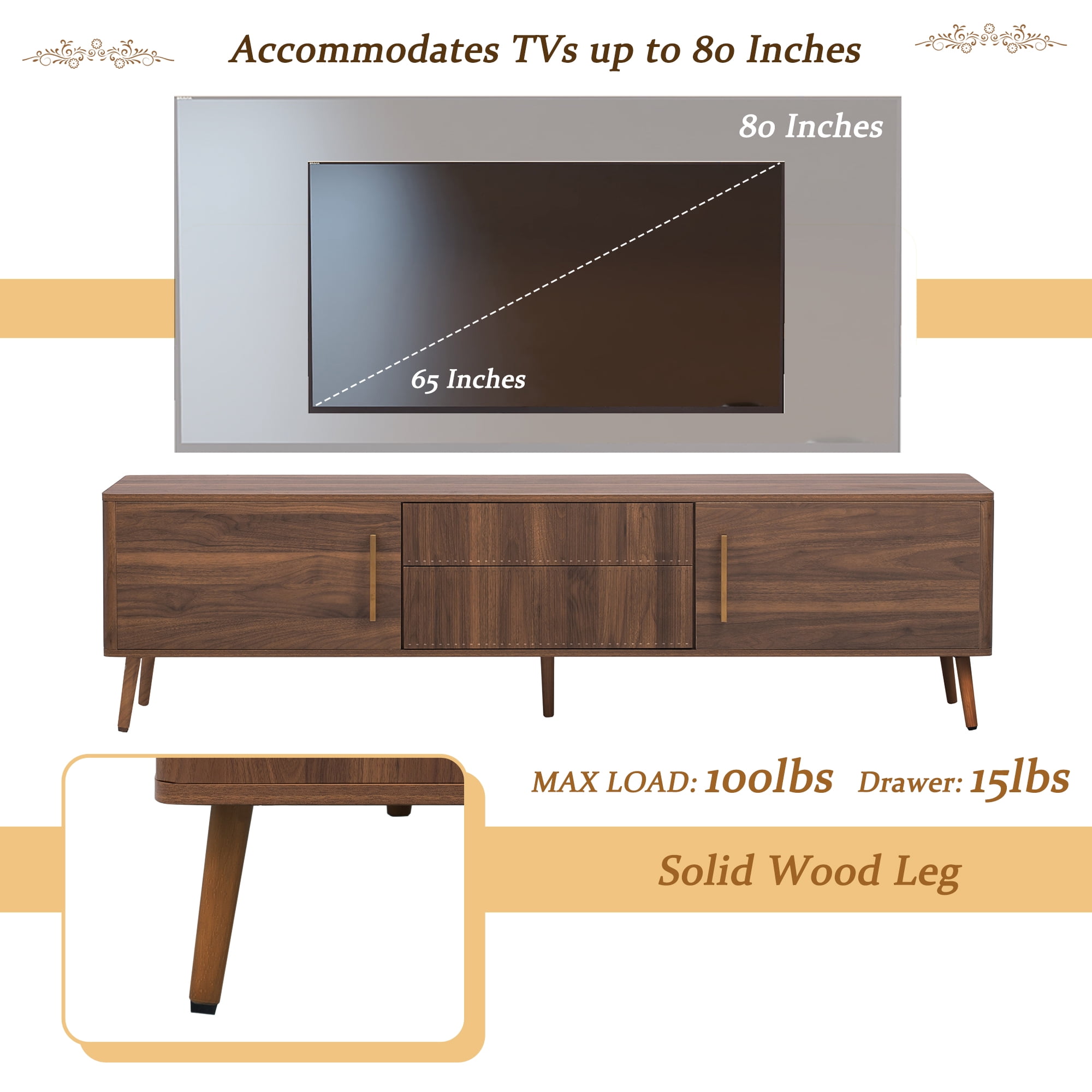 TV Stand for TVs up to 80 Inch, Mid-Century Modern Entertainment Center with 2 Drawers & 2 Cabinets, Media Console for Living Room
