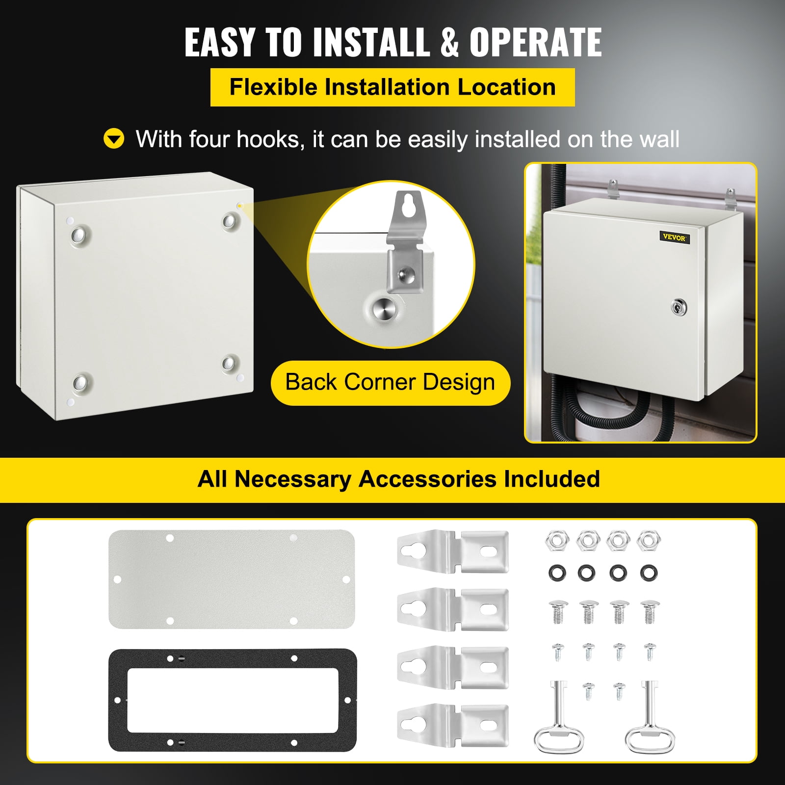 VEVOR NEMA Steel Enclosure, 12 x 12 x 6" NEMA 4X Steel Electrical Box, IP66 Waterproof & Dustproof, Outdoor/Indoor Electrical Junction Box, with Mounting Plate