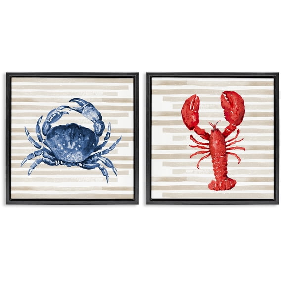 Stupell Industries Nautical Crab & Lobster Beige Stripes Animals & Insects Painting Black Floater Framed Canvas Art Print Wall Art, 18 x 18, Set of 2