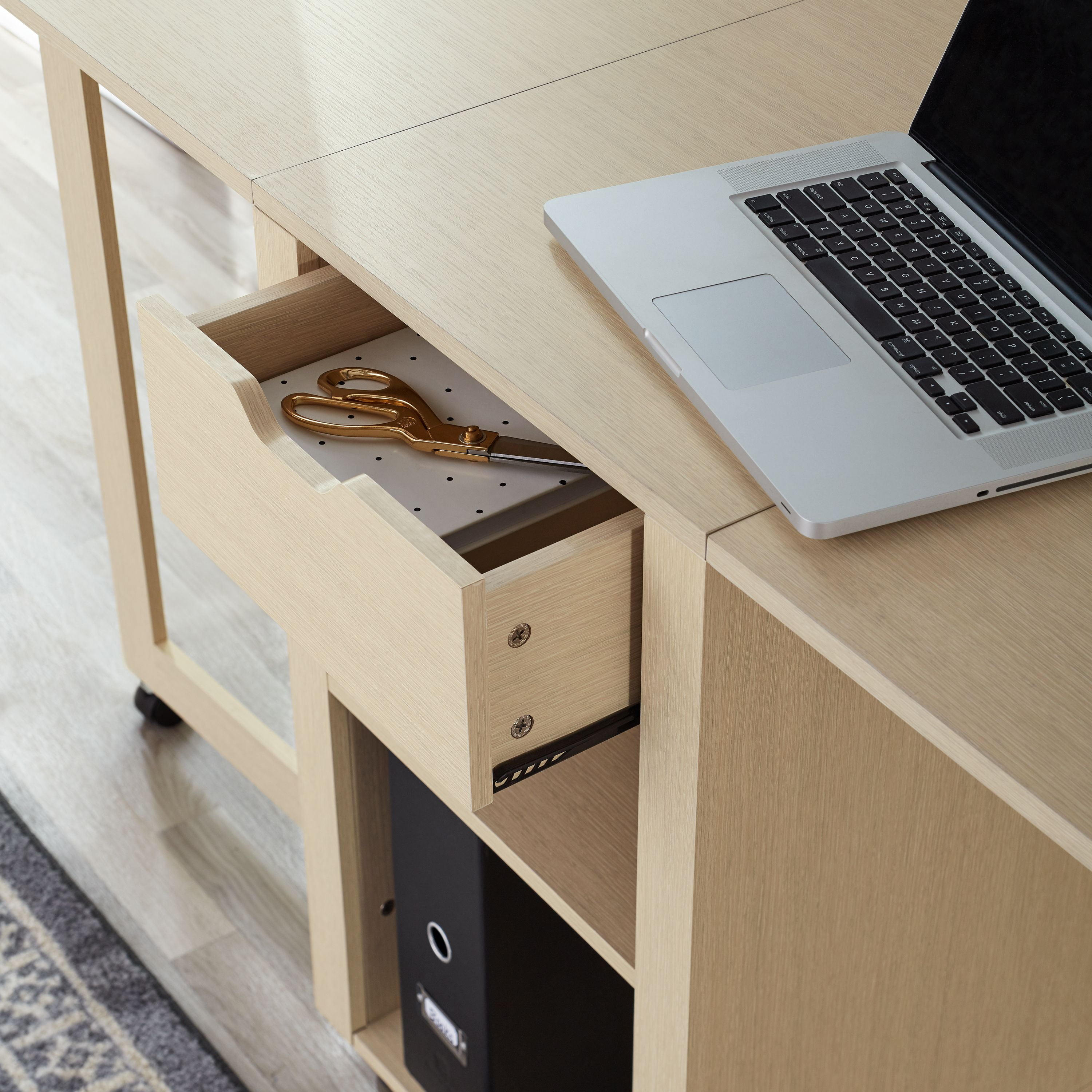Mainstays Rolling Office Desk with Adjustable Shelves Birch