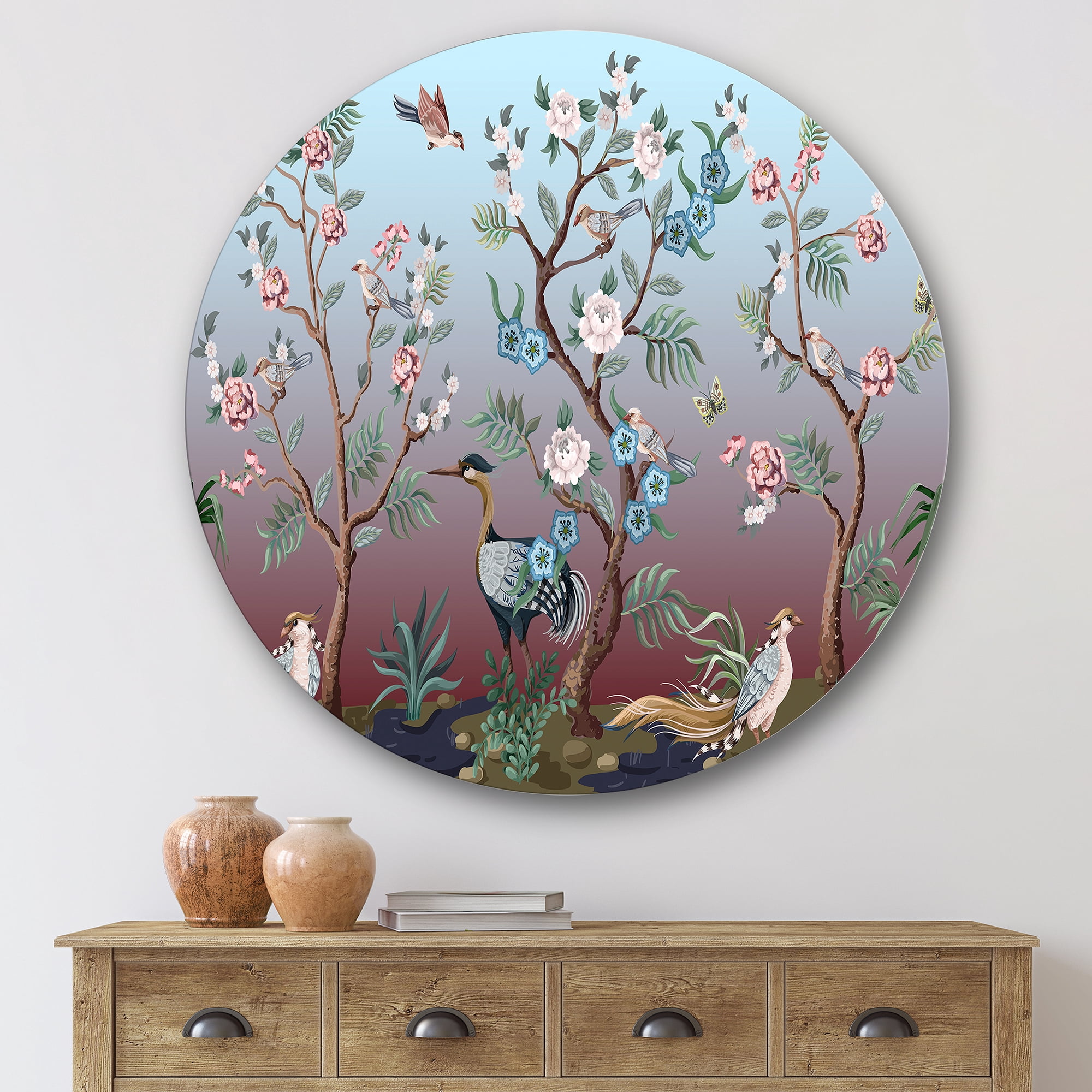Designart 'Chinoiserie With Peonies and Birds XI' Traditional Circle Metal Wall Art 29x29 - Disc of 29