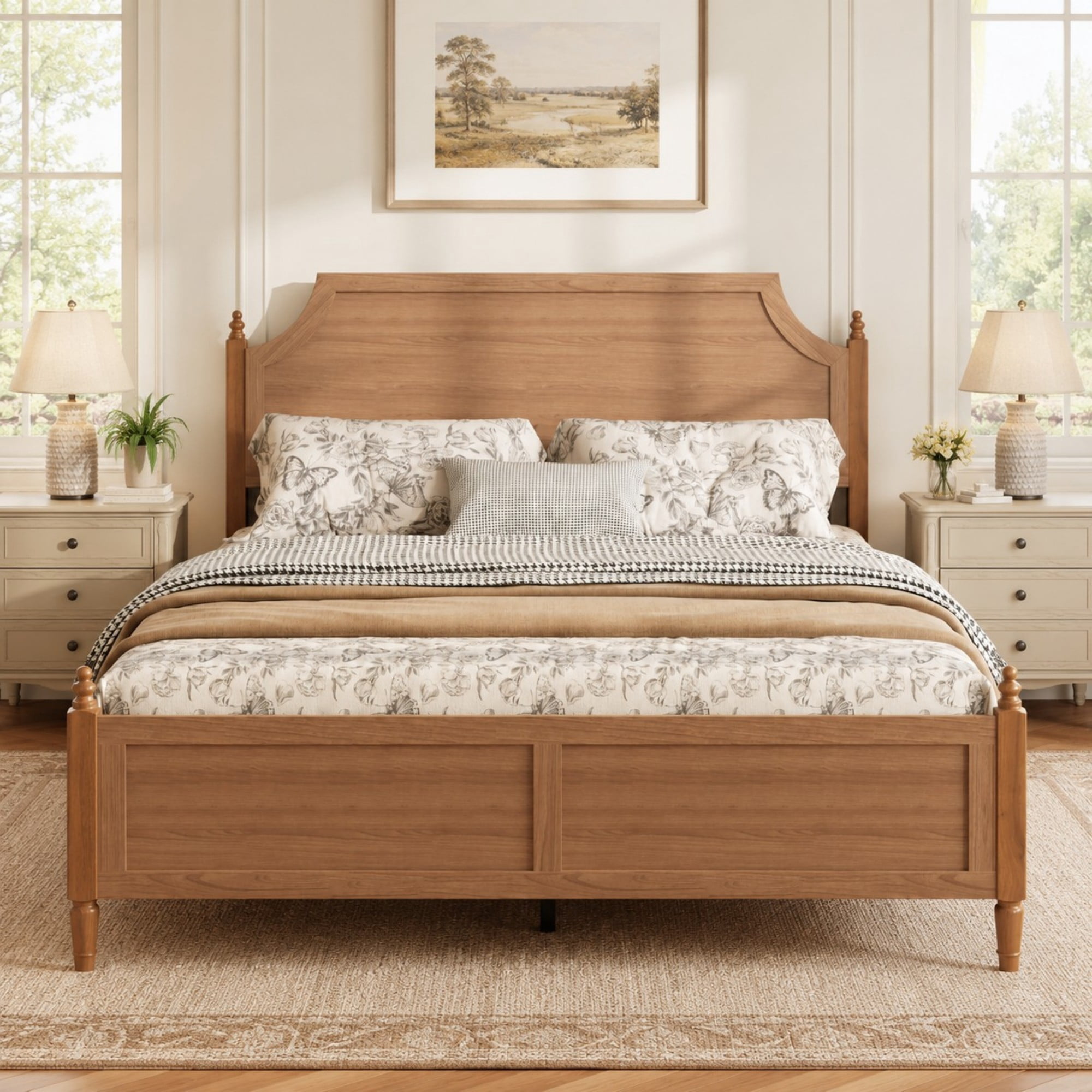 DEALTOPS Queen Size Platform Bed Frame with Headboard & Footboard, Wood Farmhouse Bed, No Box Spring, Brown