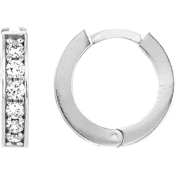 10K White Gold Huggie Hoop Earrings – 15mm x 2.2mm – Cubic Zirconia Channel Set