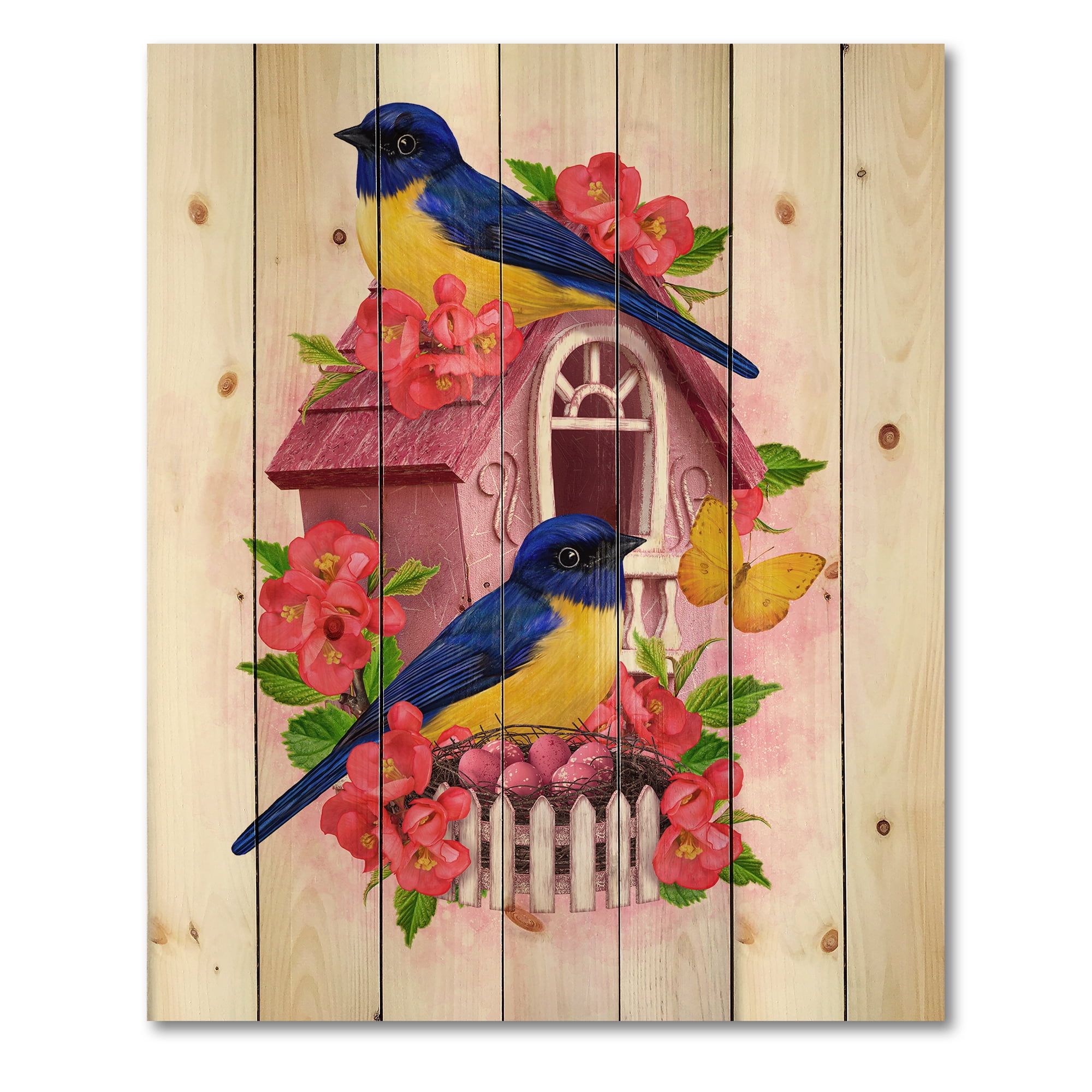 Designart 'Two Yellow and Blue Tit Birds Sitting Near The Nest' Traditional Print on Natural Pine Wood