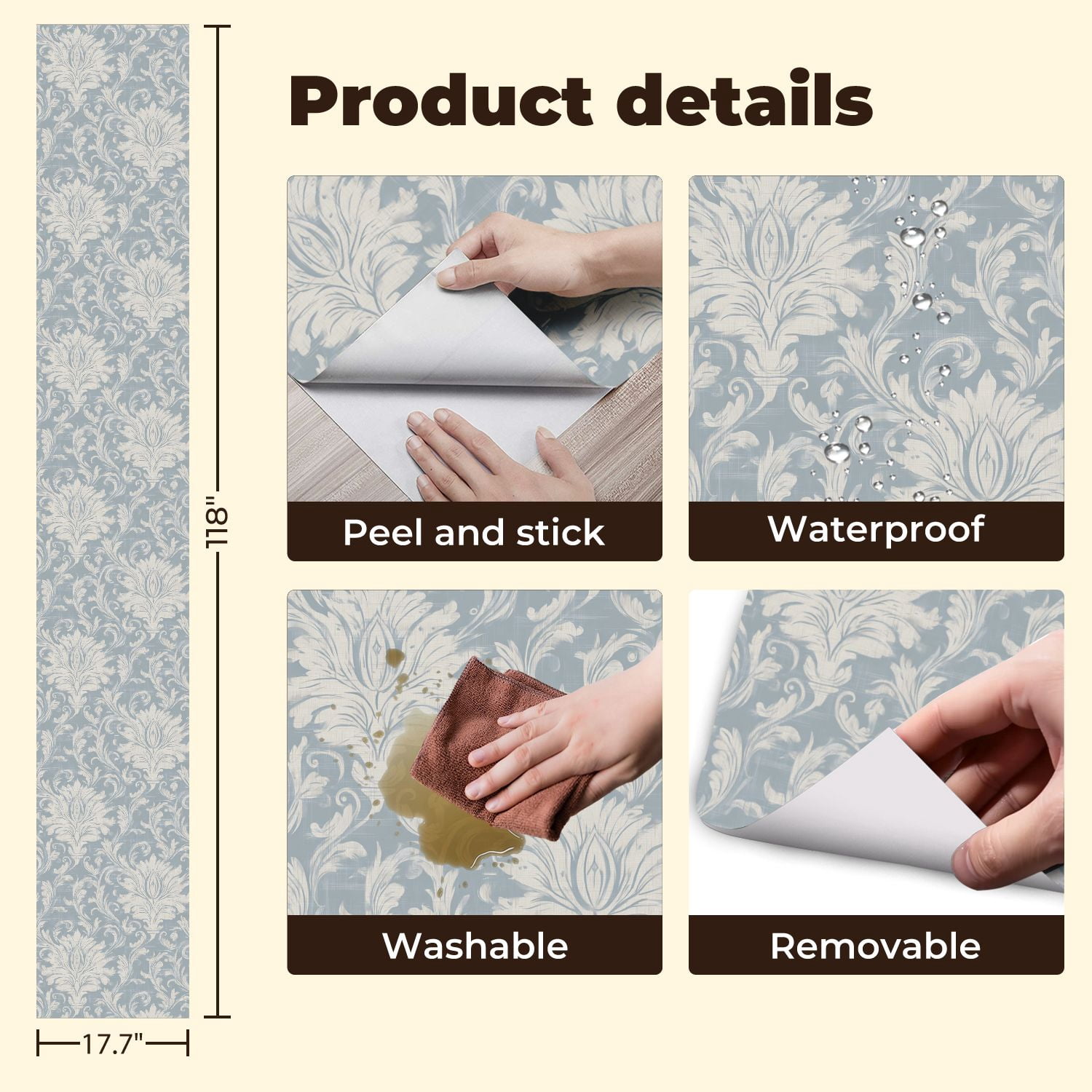 Peel and Stick Wallpaper Floral Damask Soft Blue White Tones Wall Mural 17.7in x 9.8ft Self Adhesive Removable Wall Paper Renter Friendly Wallpaper for Nursery Bedroom Cabinets