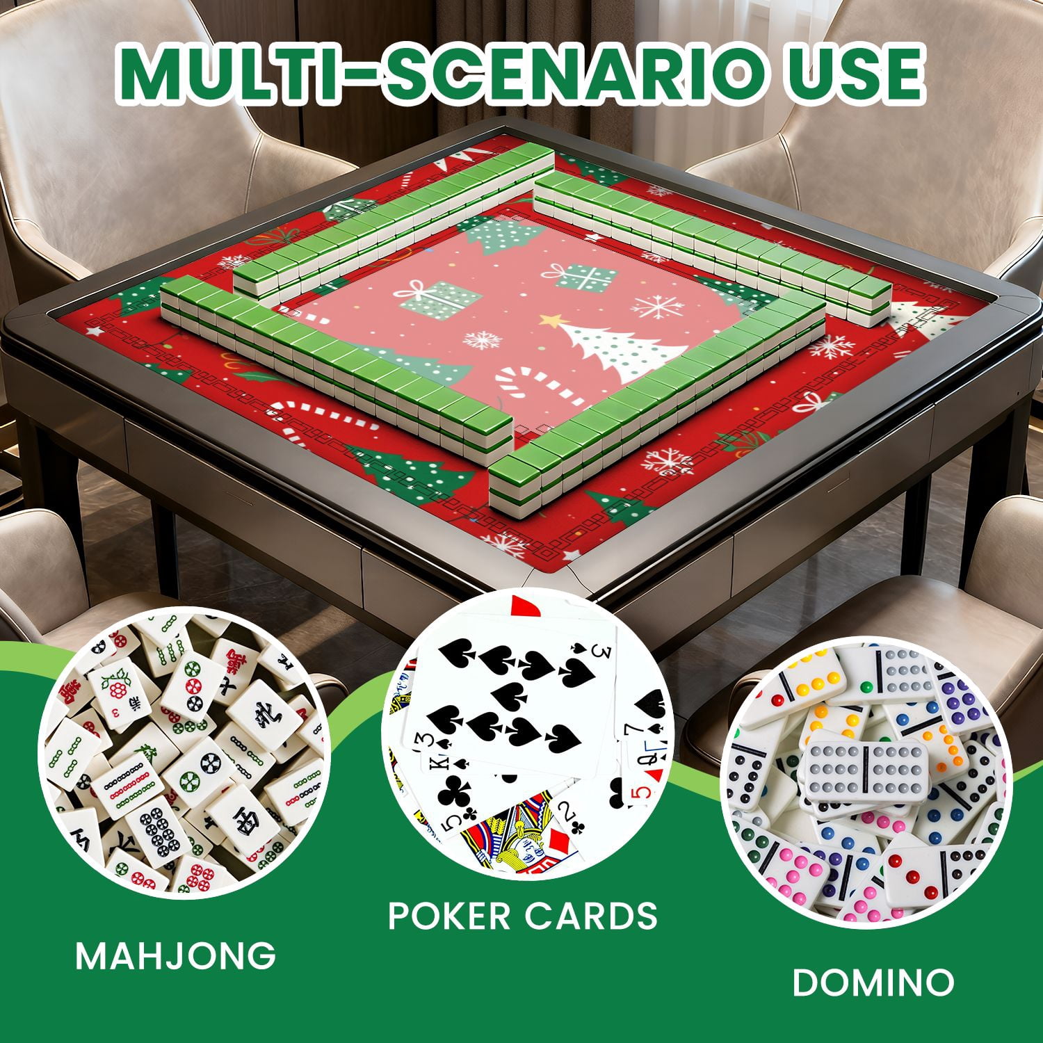 Mahjong Mat 31.5" x 31.5" Christmas tree Christmas ornament red green color Non-Slip Noise Reduction American Mahjong Tiles Table Cover for Dominoes Poker Card Board Games Gift