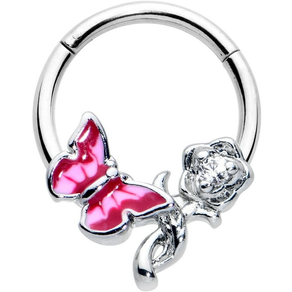 Body Candy 16G 316L Stainless Steel Hinged Segment Ring Seamless Cartilage Nipple Ring Butterfly Rose Flower Pink Nose Hoop 3/8"