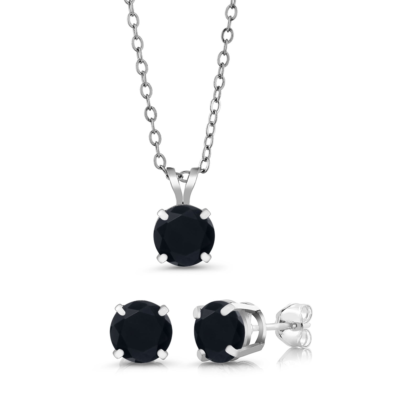 Gem Stone King 2.40 Ct Round 6mm Black Onyx 925 Sterling Silver Stud Pendant and Earrings Jewelry Set