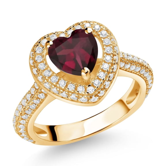 Gem Stone King 18K Yellow Gold Plated Silver Red Rhodolite Garnet and White Moissanite Heart Shape Ring for Women (1.34 Cttw, Size 9)