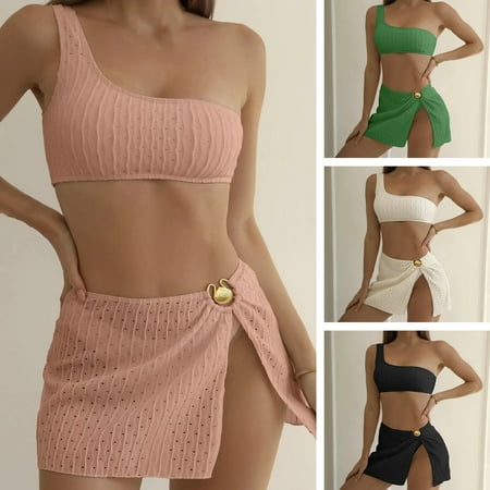 Guiexla 3Pcs/Set Backless Lines Texture Bikini Skirt Set One Shoulder Bra High Waist Briefs Skirt Set Beachwear