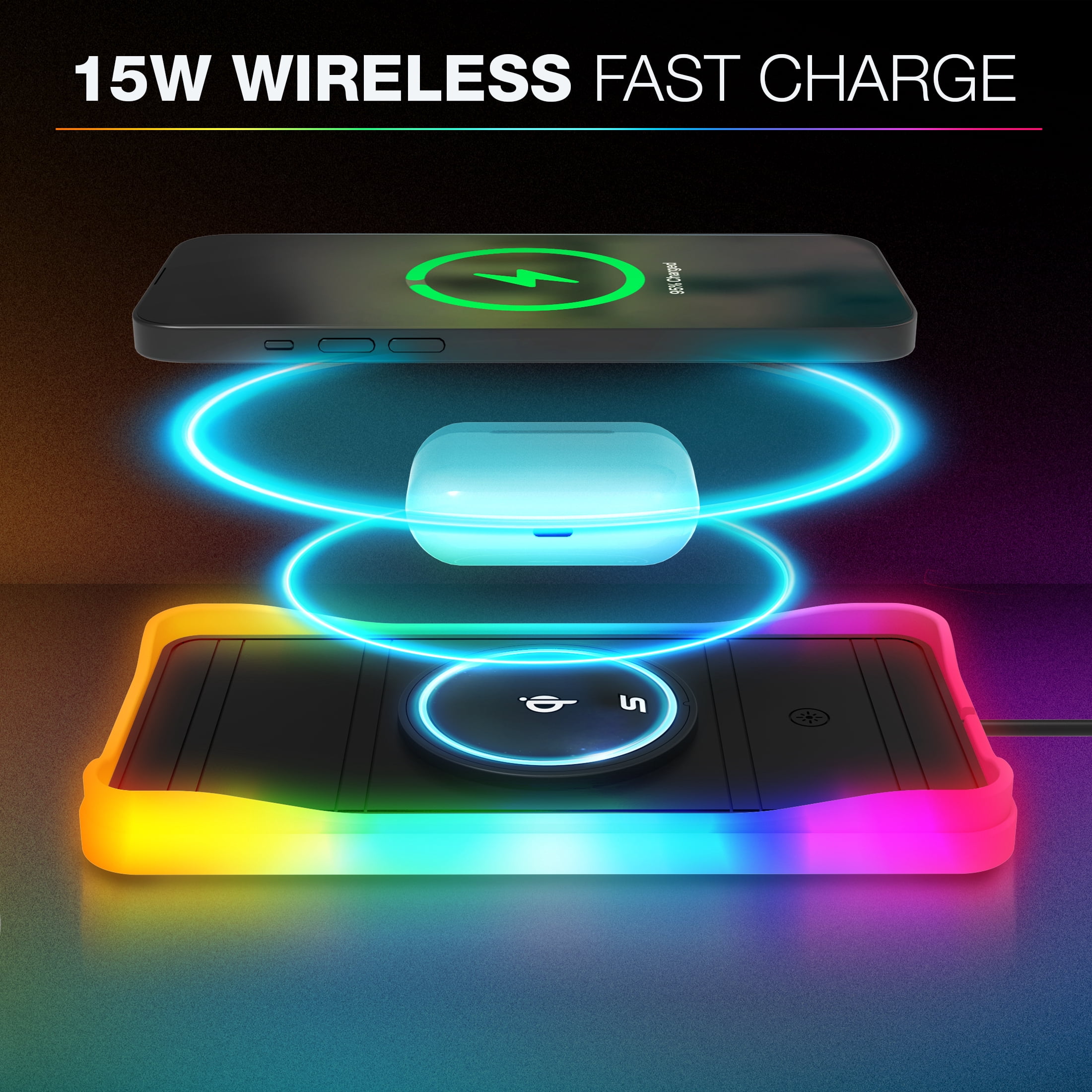 TYPE S Charge & Glow Wireless Charging Pad with RGB Glow, Qi Compatible 15W Quick Charge, Non-Slip Material, Heat-Resistant Silicone Bottom, AC535082