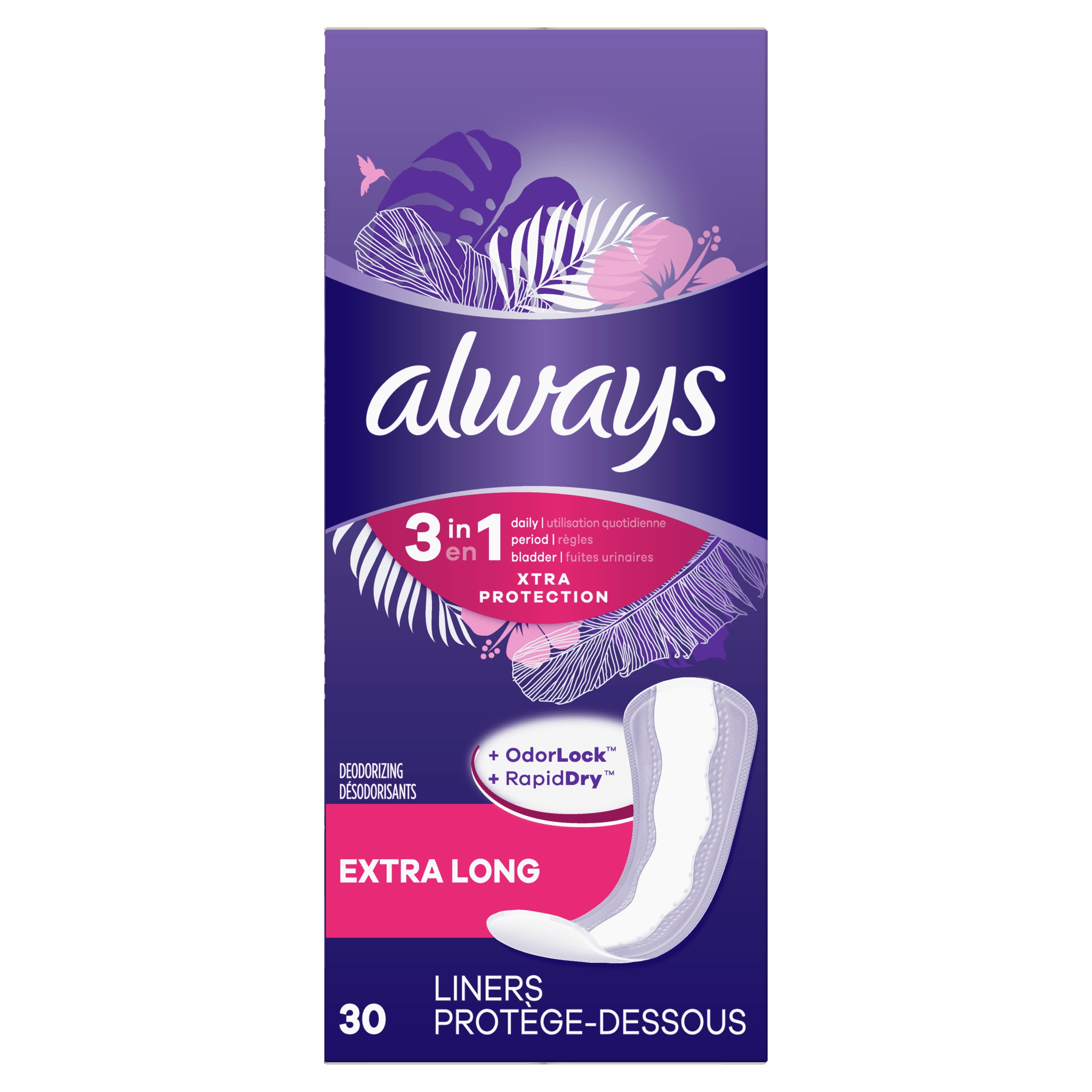 Always Discreet Xtra Protection 3in1 Extra Long Daily Liners, 30 ct