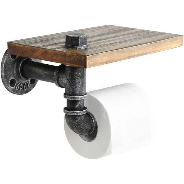 Xiao Hua Portarrollos de papel higiénico rústico con estante, soporte industrial para rollo de papel higiénico, soporte de pared de madera rústica para baño (plateado)