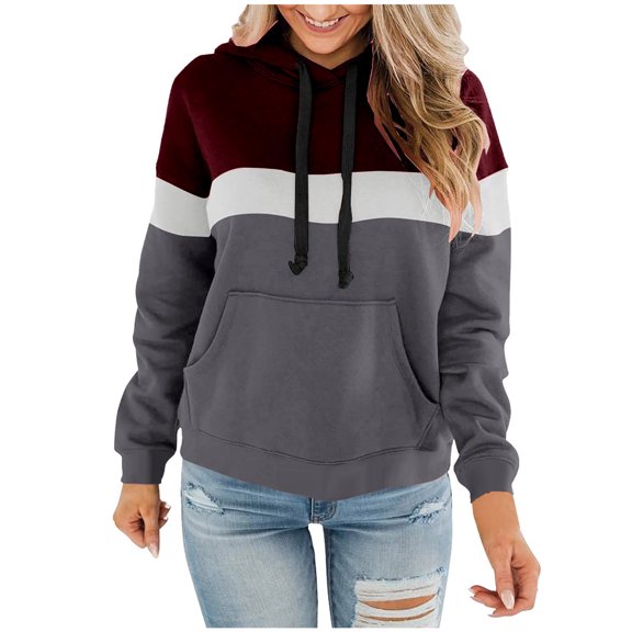 Winter Savings !Hoodies for Women Color Block Sweatshirt Loose Baggy Hoodies Color Block Warm Plush Pullover Drawstring Hooded Soft Work Sweatshirt Outwear Coat Tops Halloween Clearance Costumes