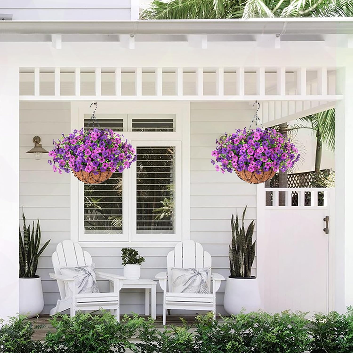 Artificial Faux Hanging Plants Flowers Basket for Outdoor Outside Spring Summer Decoration, Silk Purple Morning Glory in Planter UV Resistant Look Real Fake Flowers for Porch Patio Balcony Home Yard