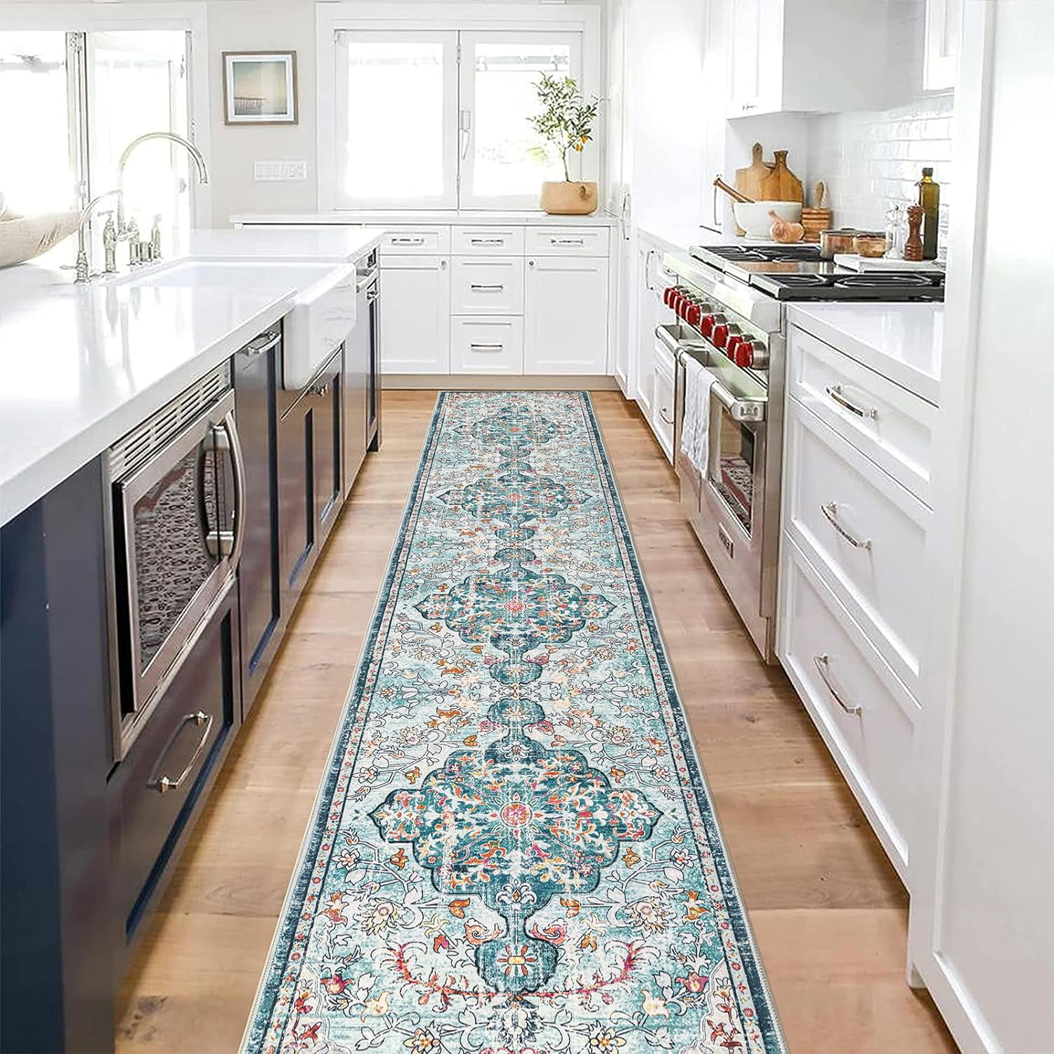 Findosom 2'x10' Vintage Runner Rug 0.4" Distressed Hallway Rug Non Slip Laundry Runner Rug Decor Rug Washable Runner Rug Kitchen Floor Mat Entryway Rug Runner for Laundry Kitchen Entryway, Blue