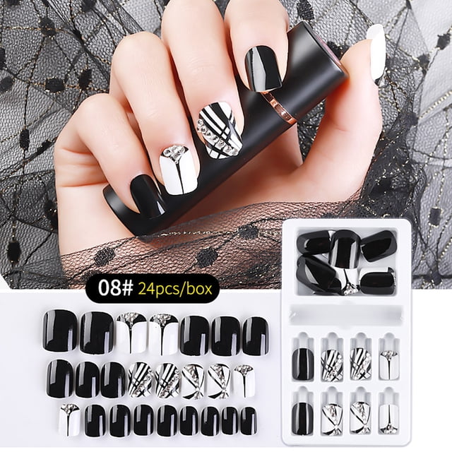 Uñas postizas reutilizables, 24 piezas de plástico para uñas postizas, regalo para mujeres, uñas postizas adhesivas, cobertura total.