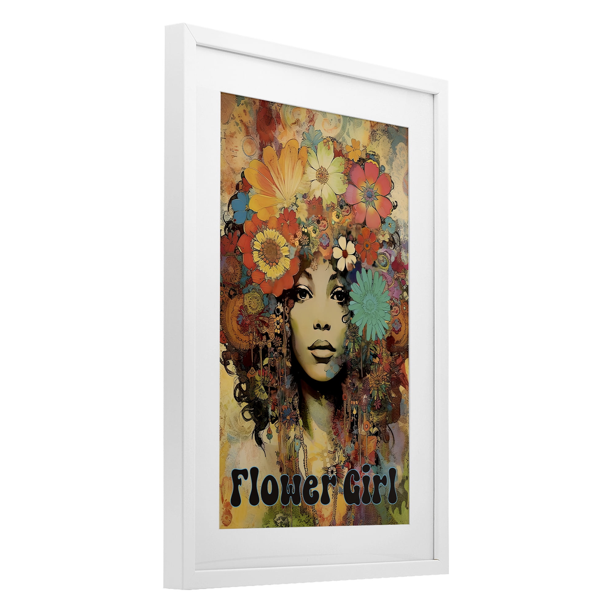 Bohemian Flower Girl White Framed Print Under Glass, design by Sasha
