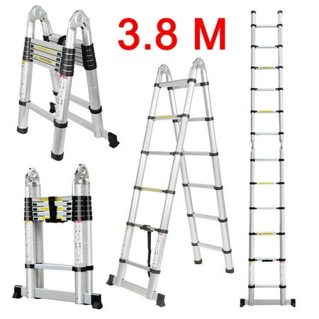 Finether 3.8M Aluminum Telescopic Extension Ladder, Portable Heavy Duty Multi-Purpose Telescoping Ladder with Hinges,330 Lb