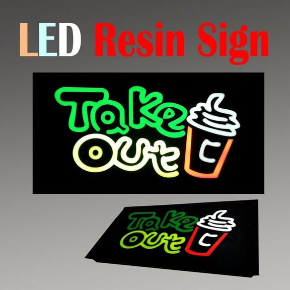 Lighted LED Resin Window Sign Take Out Food Drink Non Neon Display 17" x 9" togo Restaurant
