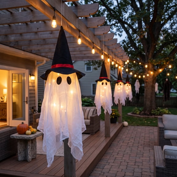 Halloween Decoration Large Halloween Lighted Glowing Ghost Witch Hats, Hanging Ghost Ornaments for Indoor Outdoor Home, Garden, Tree, Yard Party Decor