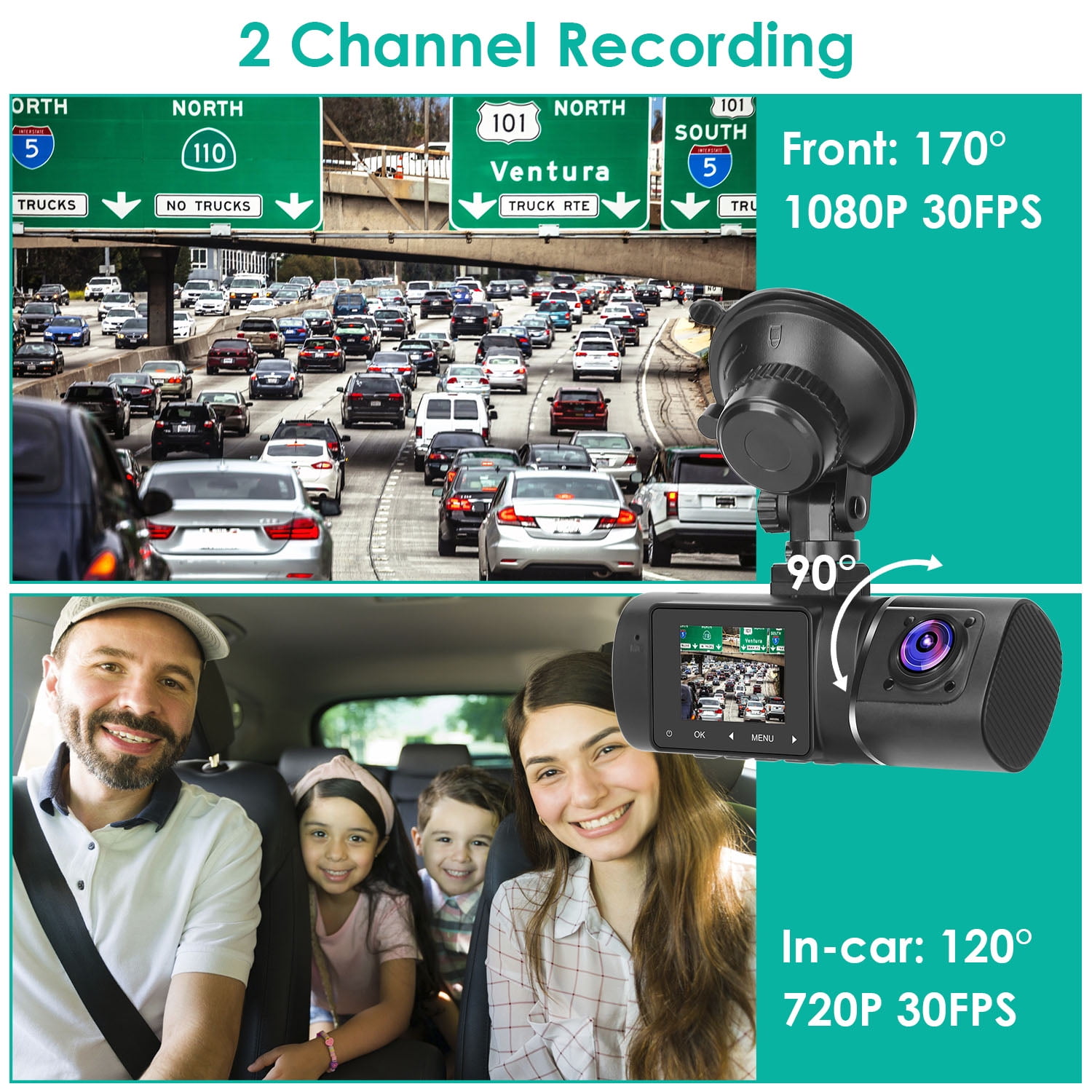 iMountek Dash Cam, 1296P 3 Lens Car Dash Camera Front Inside and Rear  Camera 4 in Car Camera 140°Wide Angle Looping Recording G-Sensor, Max  Support