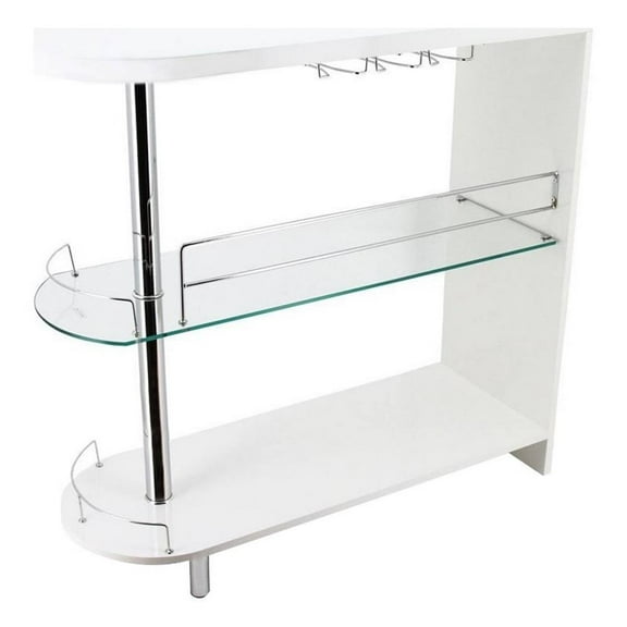 Zaina 42 Inch Modern Bar Table- 3 Shelves- Tempered Glass- White- Chrome
