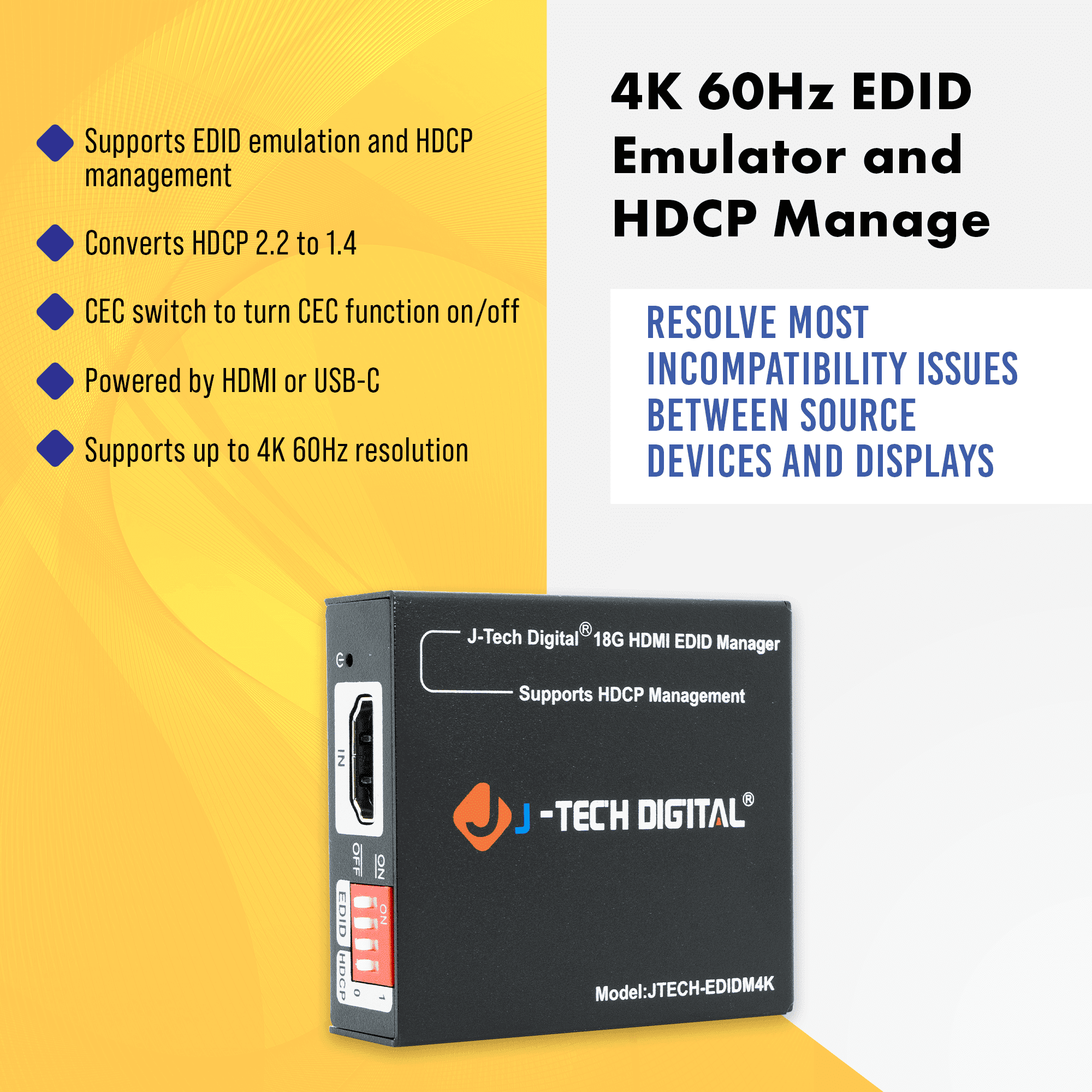 HDMI EDID Emulator Manager 4K60Hz HDMI 2.0, HDCP & EDID Management
