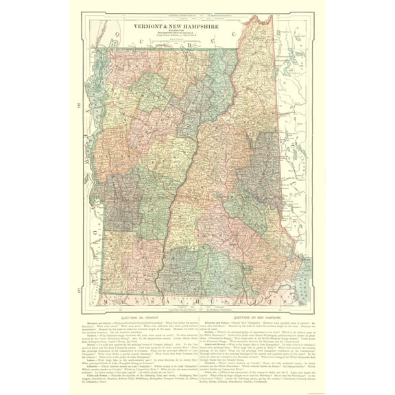 Historic State Map - Vermont and New Hampshire - Monteith 1882 - 23 x 35.40 - Vintage Wall Art