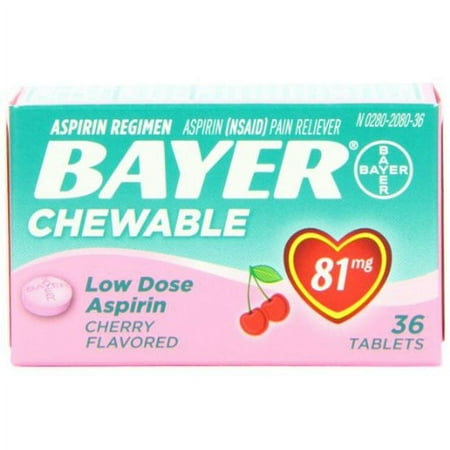 Bayer Chewable Low Dose Baby Aspirin 81mg for Adults Cherry 36 Ct 2 Pk | Low Dose Aspirin | NSAIDS Pain Reliever Anti Inflammatory | Heart Pain Relief | Travel Aspirin